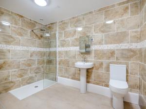 a bathroom with a toilet and a sink and a shower at Hawthorn Lodge - Uk42546 in Llanwrthwl