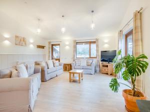 a living room with white furniture and a potted plant at Hawthorn Lodge - Uk42546 in Llanwrthwl