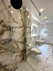 a bathroom with a shower with a toilet and a sink at Hotel Zu den Linden in Dresden +33 photos