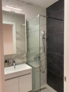 a bathroom with a glass shower and a sink at BIJELA apartman 2025 in Bijela