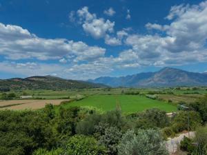 a green field with mountains in the background at Village Memories in Koronópoulon