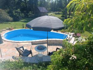 an umbrella and chairs next to a swimming pool at Imanje Mihailovic 2 in Pružatovac +4 photos