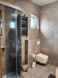 a bathroom with a toilet and a glass shower at Apartamenty na Ceglanej in Oświęcim +44 photos