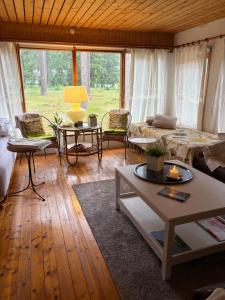 a living room with a couch and a table at Havsnära fritidshus in Åhus