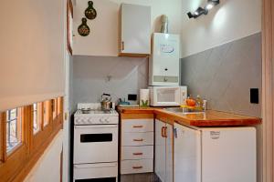 a small kitchen with a stove and a microwave at Los Techos Apart in Esquel
