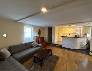a living room with a couch and a kitchen at Central Park Residence in Belgrade