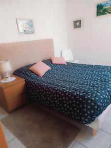 a bed with two pink pillows on it in a bedroom at Mauguio-Carnon Apt T2 Tout Confort, Spacieux, Lumineux, Clim, Wifi, Balcon, parking privé, 15 mn des plages, de Montpellier in Mauguio