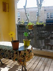 a table with potted plants on a balcony at Mauguio-Carnon Apt T2 Tout Confort, Spacieux, Lumineux, Clim, Wifi, Balcon, parking privé, 15 mn des plages, de Montpellier in Mauguio