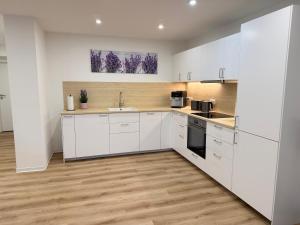 a kitchen with white cabinets and a wooden floor at Doppelapartment alte Bäckerei in Feldberg