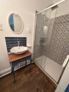 a bathroom with a glass shower and a sink at Manoir du Moulin Fleury in Villedieu-les-Poêles