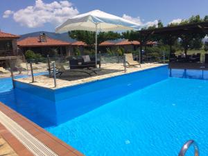 Graviá的住宿－凱迪瑪凱樂特斯塔公寓式酒店，蓝色游泳池配有遮阳伞和椅子