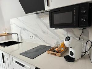a kitchen with a counter with a microwave and a mixer at Pensión Eirín VI in Caldas de Reis
