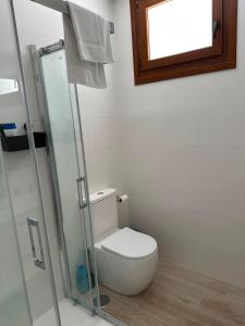 a bathroom with a toilet and a glass shower at Pensión Eirín VI in Caldas de Reis