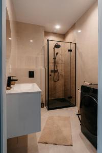 a bathroom with a shower and a sink and a washing machine at Panorama Silva in Augustów +6 photos
