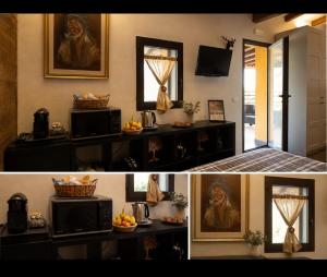 a collage of two pictures of a kitchen with a microwave at Etna Country Home in Nicolosi