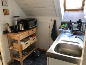 a small kitchen with a sink and a microwave at Friisenborg in Jelling