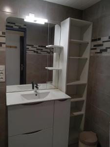 a bathroom with a sink and a mirror at Gite du neufbourg in Courtils