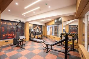a fitness room with a gym with exercise equipment at Treebo Premium Merrit in Katrab