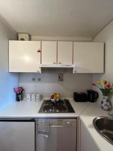 a kitchen with white cabinets and a stove and a sink at Cervinia Mountain View Apartments in Breuil-Cervinia