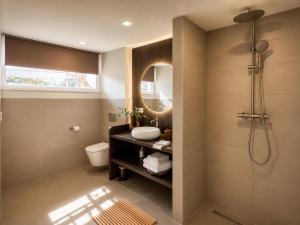 a bathroom with a shower and a toilet and a mirror at De Meuleberg Boutique Suites in Melick +71 photos