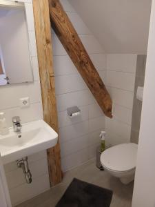 a bathroom with a sink and a toilet at Plösch Hof in Weinberg
