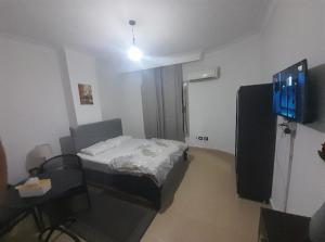 a small room with a bed and a television at Double room in Villa Narges New Cairo in Cairo