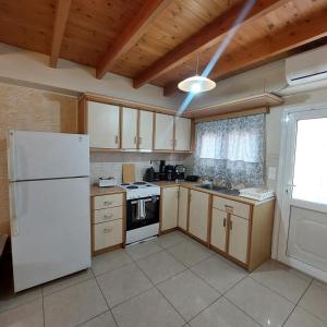 a kitchen with a white refrigerator and wooden cabinets at The Mastiha Spot 5 in Chios