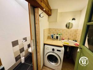 a small bathroom with a washing machine and a sink at Gîte de la jument rousse in Lagrasse