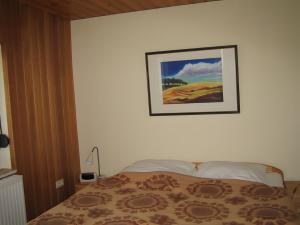 a bedroom with a bed with a picture on the wall at Kajüte H-8 in Butjadingen