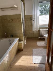 a bathroom with a bath tub and a toilet at Strandläufers Ruhe in Wiepkenhagen