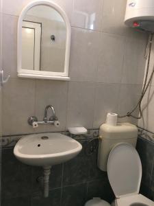 a bathroom with a toilet and a sink and a mirror at Къща Йорданови in Chernomorets +32 photos