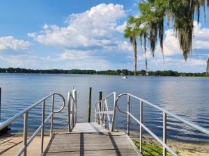 a wooden dock on a body of water with palm trees at Satchell's Lakehouse in Inverness