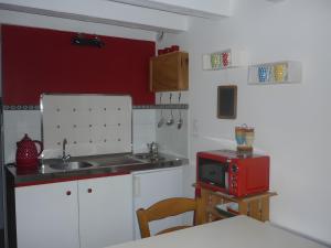 a kitchen with a sink and a red microwave at L'ânesque in Saint-Augustin-des-Bois