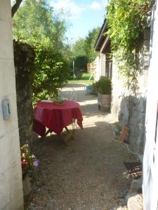 a table with a red table cloth in a yard at L'ânesque in Saint-Augustin-des-Bois +3 photos