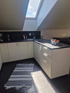 eine Dachküche mit Spüle und Dachfenster in der Unterkunft Cozy apartment Sofia in Fjälkinge