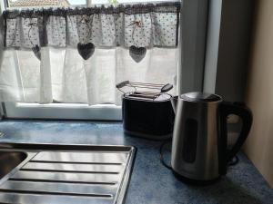a kitchen counter with a toaster and a window at Ferienwohnung Wagner mit Terrasse und Kinderspielplatz in Küps