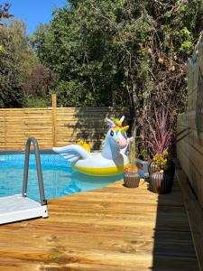 a pool with a unicorn in a inflatable pool noodle at Le refuge du Jardinier in Abzac