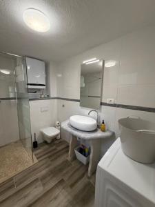 a bathroom with a sink and a shower and a toilet at Apartmani Brač in Pučišća +21 photos