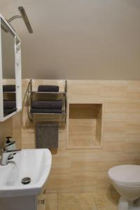 a bathroom with a sink and a toilet and a mirror at Pokoje Gościnne Sandomingo in Sandomierz +62 photos