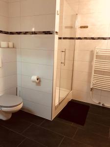 a bathroom with a toilet and a glass shower at Sweethome - Köln Messe in Bergisch Gladbach +12 photos