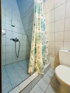 a shower with a shower curtain in a bathroom at Mendi in Štúrovo +44 photos