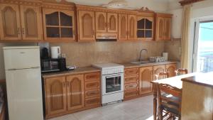 a kitchen with wooden cabinets and a white refrigerator at Vasiliki Bay in Vasiliki +17 photos
