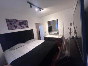 a bedroom with a bed and a mirror at Lindo Apartamento próximo ao Centro in Juiz de Fora