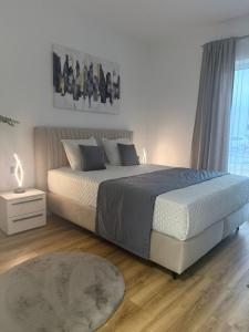 a bedroom with a king sized bed and a rug at Sky Residence House in Cluj-Napoca