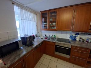 a kitchen with wooden cabinets and a sink and a microwave at Braui Pub and Restaurant in Waldenburg +6 photos