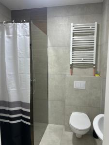 a bathroom with a shower and a toilet and a sink at Stan na dan in Loznica