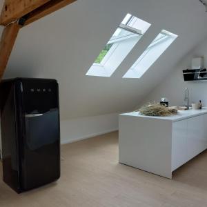 a kitchen with a refrigerator and a counter with a skylight at Le Grenier in Trois-Ponts +8 photos
