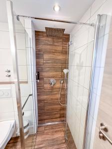 a bathroom with a shower and a toilet at Landgasthof Mörsbergei in Bubenreuth +35 photos