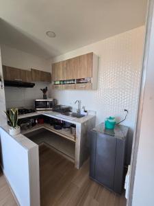 a small kitchen with a sink and a stove at Apartamento cómodo completo y familiar in Ibagué