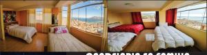 a bedroom with two beds and a view of a city at Hospedaje wisny in in Puno